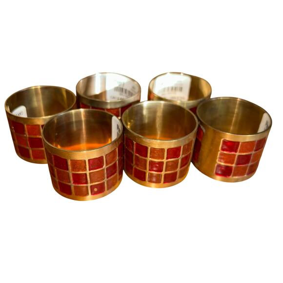 New 6 Vintage Enamel & Brass Napkin Rings Orange and Red Design - Picture 2 of 9